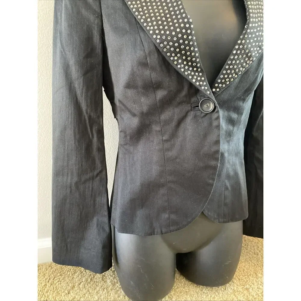 Bebe Vintage Black Rhinestone Blazer Tuxedo Jacket Made in USA Small 4 Womens